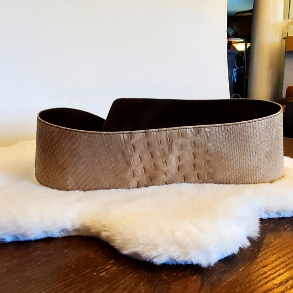 Vintage Italian Wide Leather Belt Beige Reptile Embossed D-Ring - Picture 14 of 16